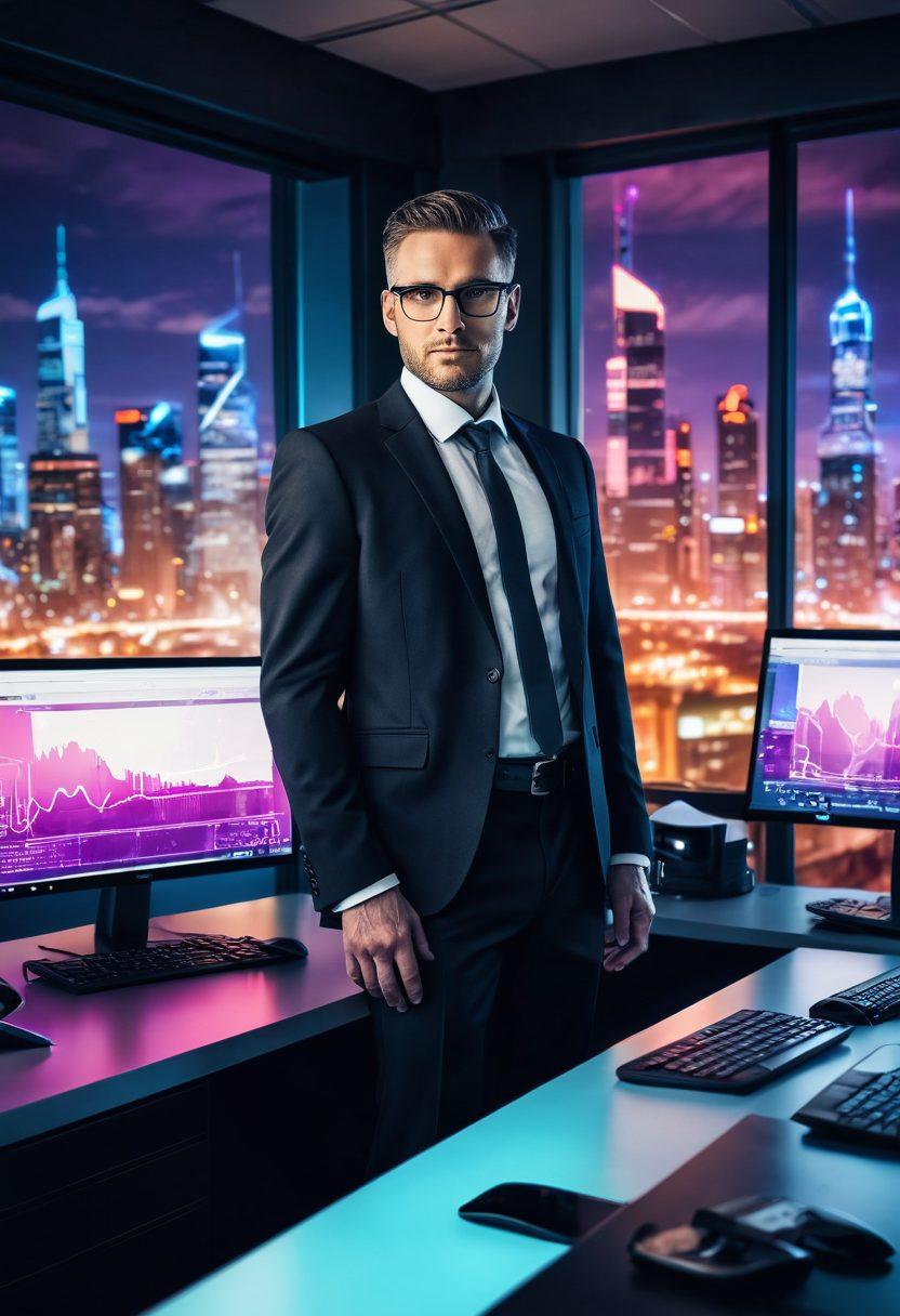 A dynamic scene featuring a confident adult web host expert standing in a sleek modern office, surrounded by high-tech gadgets and glowing screens displaying adult content statistics and digital marketing strategies. Incorporate diverse individuals actively collaborating, with a backdrop of a futuristic cityscape visible through large windows. The color palette should be vibrant and engaging, symbolizing growth and innovation. cyberpunk, vibrant colors, super-realistic.